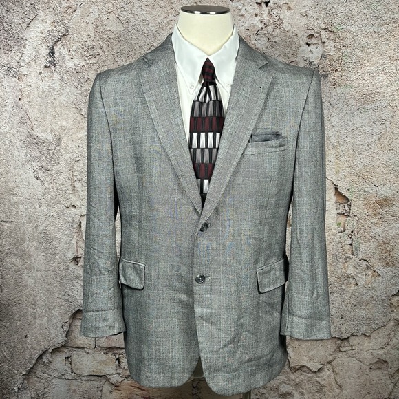 Jos A Bank 44R Gray Houndstooth Plaid Silk Camel Hair Blazer Sport Coat Jacket - Picture 1 of 14